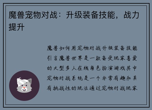 魔兽宠物对战：升级装备技能，战力提升